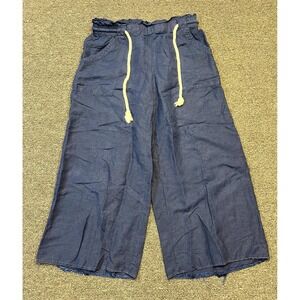 Loft Cropped Pants Womens MP Navy Blue Chambray Linen Casual Wide Leg Drawstring